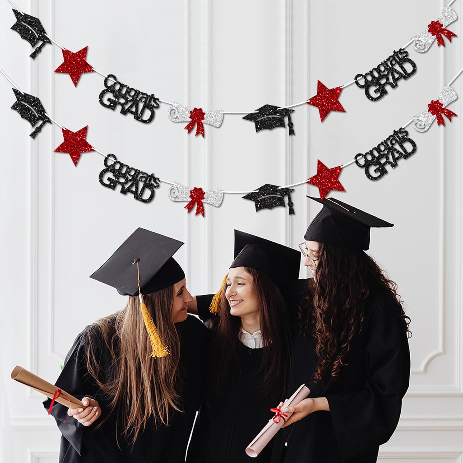 Black and Red Congrats Grad Banner Graduation Decorations Class of 2026 Glitter Star Grad Cap Certificate Bunting Garland for Graduation Party Supplies - Image 4