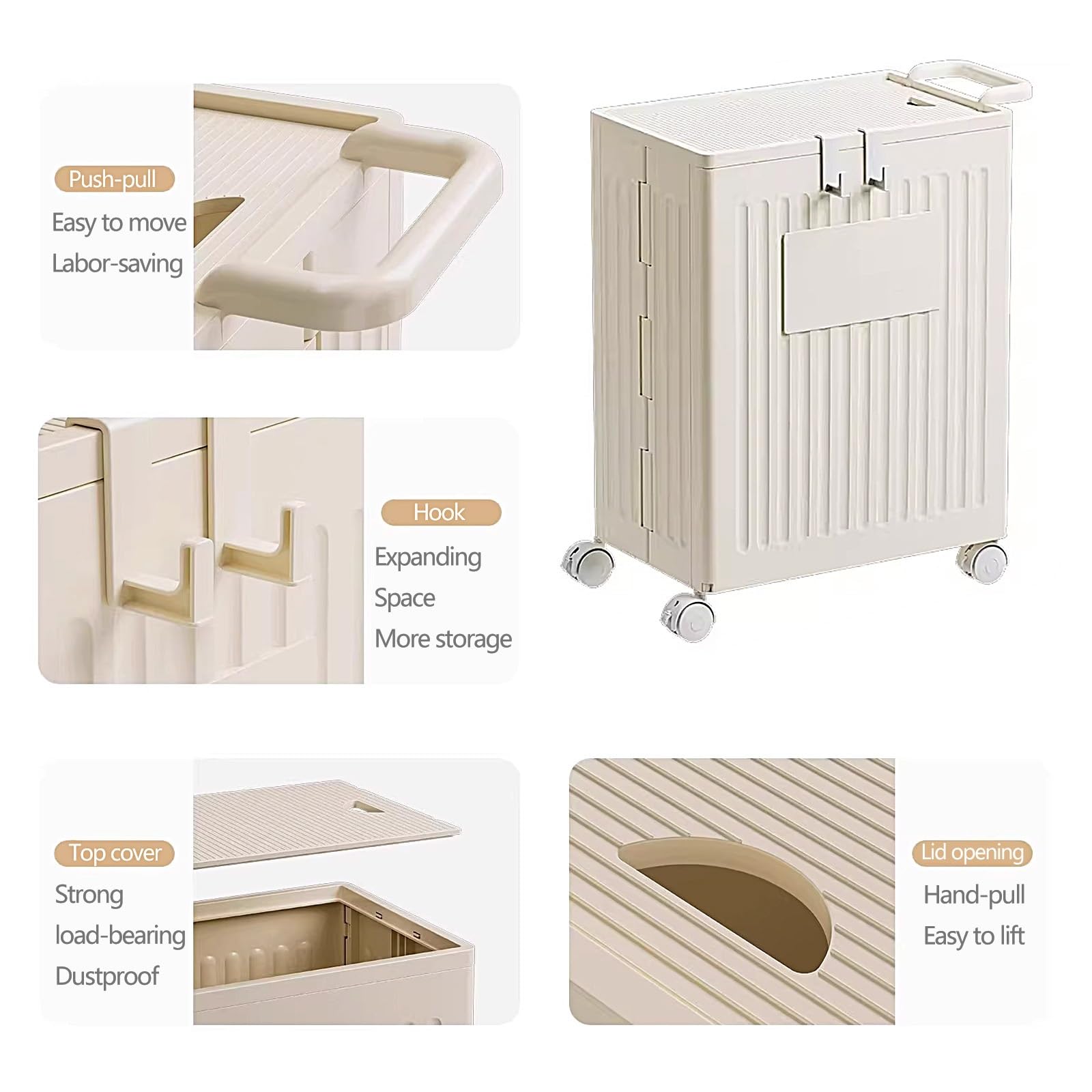 Cesto Biancheria Plastica Cesta Panni Sporchi Salvaspazio con Maniglia e Coperchio Carrello Portabiancheria con Ruote Adatto a Soggiorno, Bagno, Lavanderia(White)