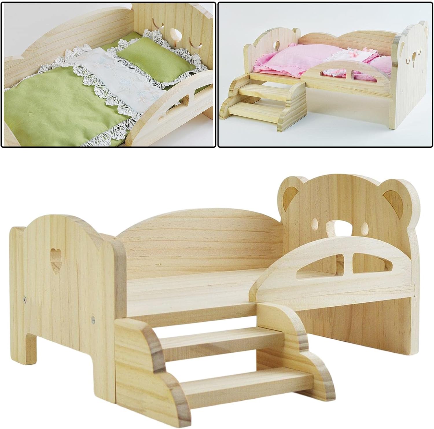 Deluxe Dollhouse Bed with Staircase - Furniture for 1/6 Scale Dolls, Bear Sleeping