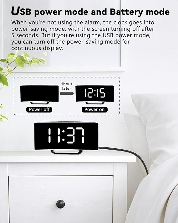Digital Alarm Clock for Bedrooms, Black Curved Large Display LED Temperature Date, Display Bedside Clock with USB Charging Port Adjustable Brightness Snooze Portable Digital Clock with Dual Alarm