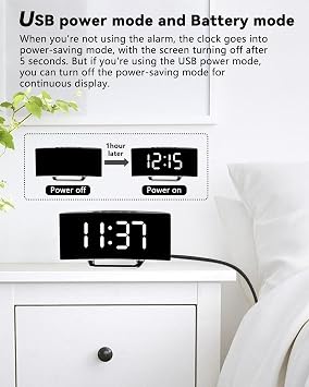 Digital Alarm Clock for Bedrooms, Black Curved Large Display LED Temperature Date, Display Bedside Clock with USB Charging Port Adjustable Brightness Snooze Portable Digital Clock with Dual Alarm