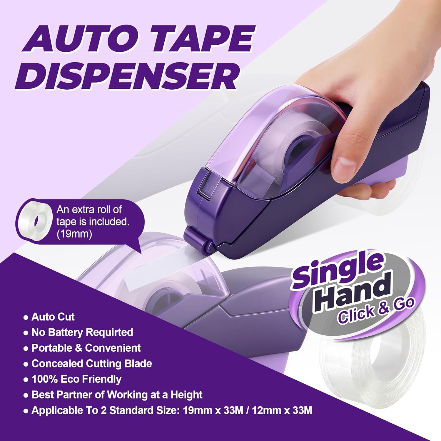 Saillong 2 Pack Automatic Tape Dispenser, All Inclusive Handheld Packaging Tape Dispenser Gun for Gift Wrapping, DIY Projects, Easy to Cut & Safe, Purple