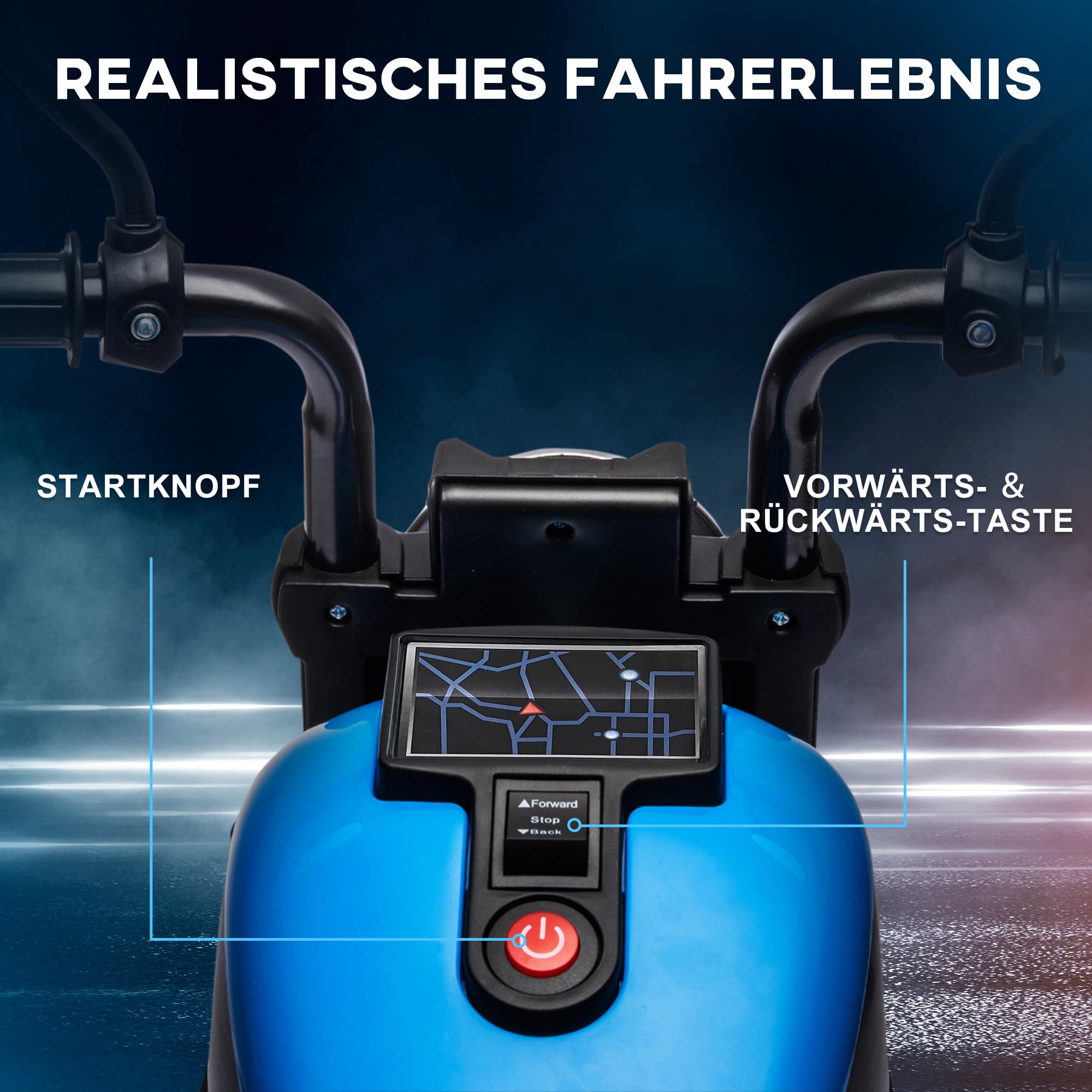 HOMCOM Elektro Kindermotorrad mit Scheinwerfer für Kinder 1,5-3 Jahre Blau | Elektromotorrad, 3 km/h Elektro Motorrad, 2 Stützräder