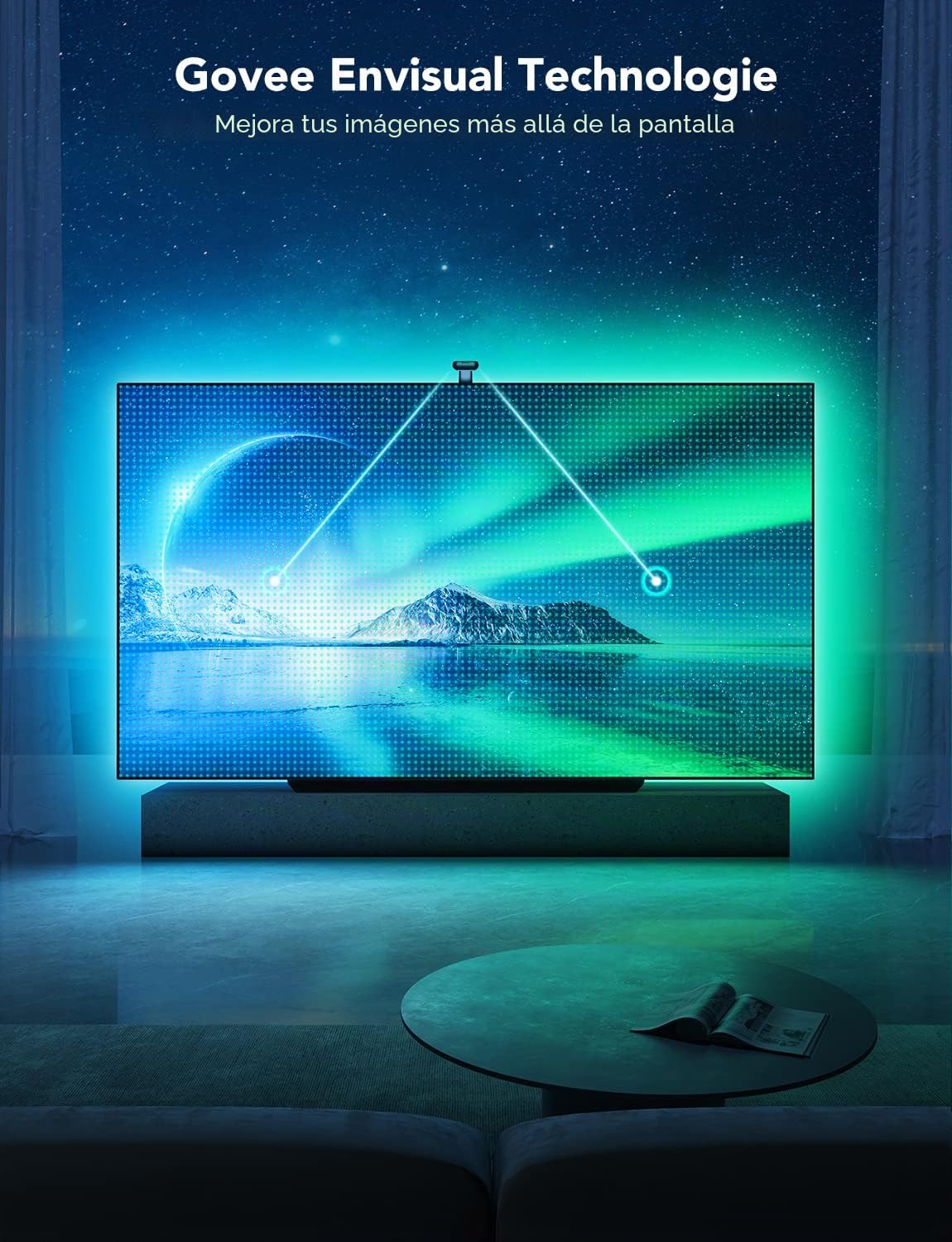 Govee Retroiluminación de TV Envisual T2 con cámara dual para televisores de 75 a 85 pulgadas y PC, tira de LED RGBIC WiFi compatible con Alexa y Google Assistant cuentas de luz doble para decoración