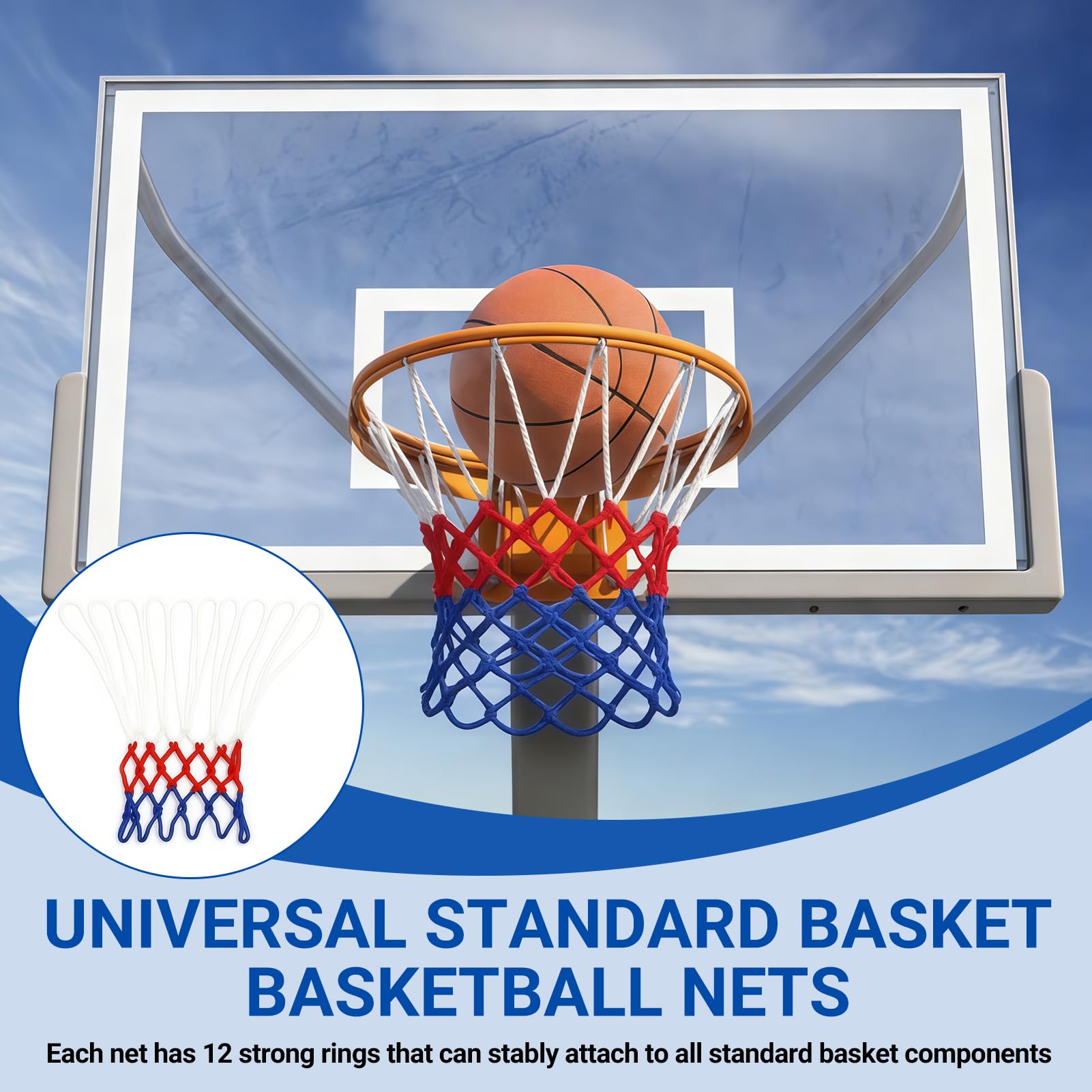 2 redes de baloncesto, red de repuesto profesional para canasta de baloncesto, red de repuesto con 12 trabillas, resistente a la intemperie, duradera para cestas de exterior e interior