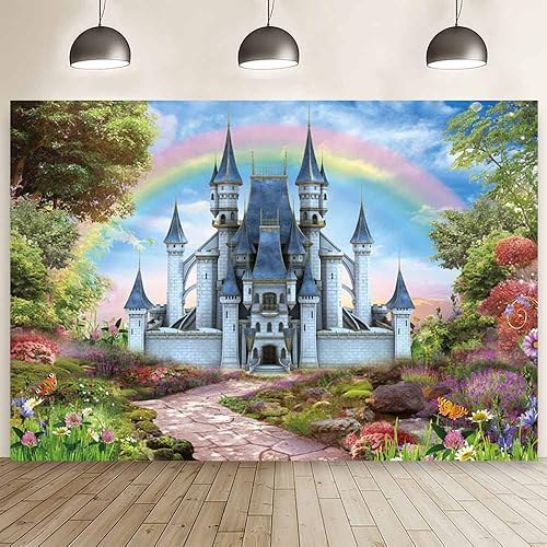 Miniatura 1 de MEHOFOND Telón de fondo de fotografía de castillo de princesa de cuento de hadas de 7 x 5 pies, cielo azul, nube blanca, fondo de arco iris,