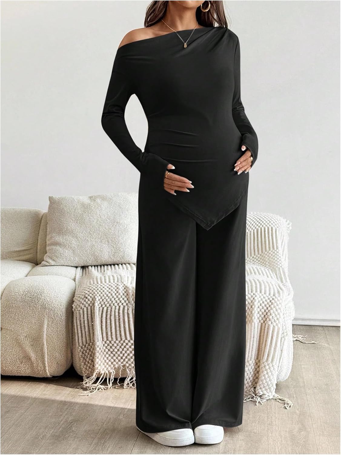 MakeMeChic Women's Maternity Clothes 2 Piece Spring Outfits Asymmetrical Top and Pants Pregnancy Matching Sets Black Large - Image 6