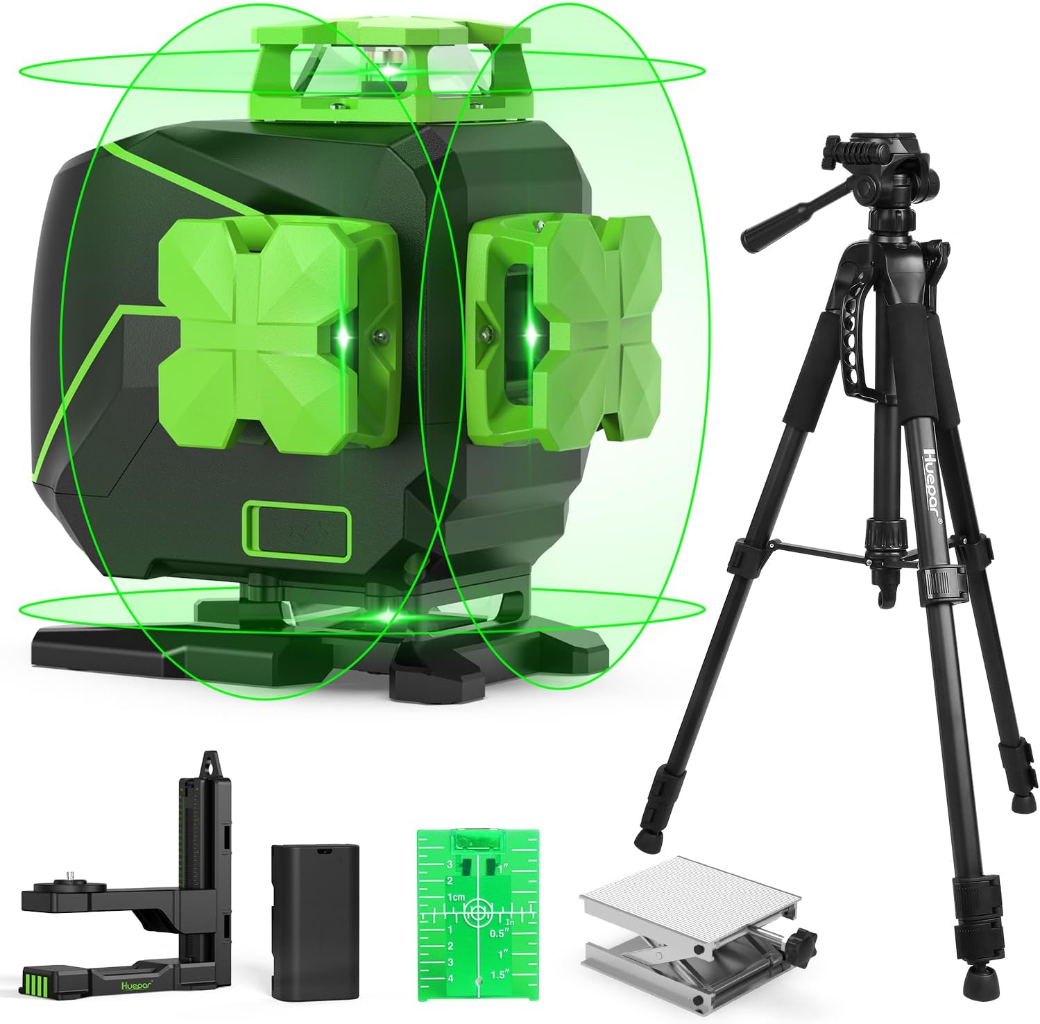 Huepar 4 x 360°Cross Line Laser Kit with 56" Adjustable Tripod, 4D Self-Leveling Tiling Floor Laser Tool - 2x360° Horizontal & 2x360°Vertical Laser Lines, Extendable Tripod with 3-Way Swivel Pan Head
