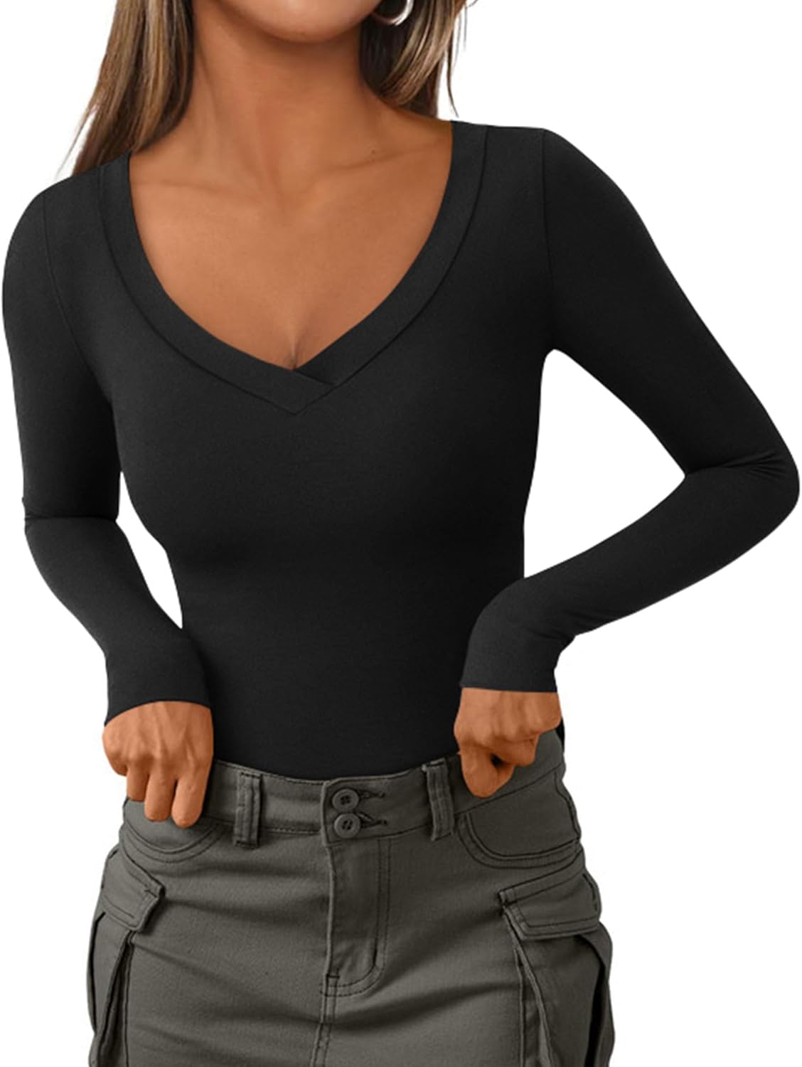 PRETTYGARDEN Long Sleeve Shirts for Women 2026 Fall Fashion V Neck Going Out Tops Slim Fit Basic Tees Y2K Clothes