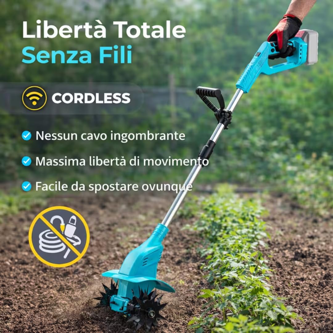 Motozappa Elettrica a Batteria 48V, Zappetta da Giardino Portatile con Asta Regolabile in Acciaio Inox, Attrezzo per Lavorazione e Frantumazione Terreno, 2 Batterie Incluse + Caricatore.