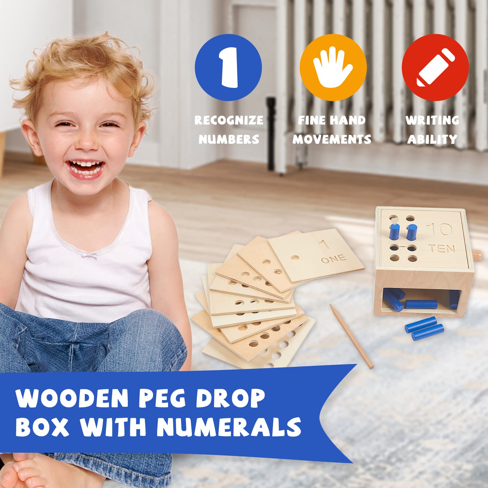 Montessori Wooden Peg Board Drop Box with Number Wooden 110 Counting Peg Boards with 10 Pegs
