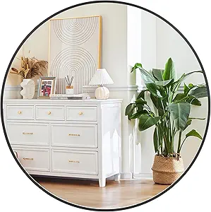 Round Mirror, 20 Inch Black Bathroom Mirror with Metal Frame, Small Stylish Wall Mirror for Bathroom, Entryway, Bedroom, Vanity