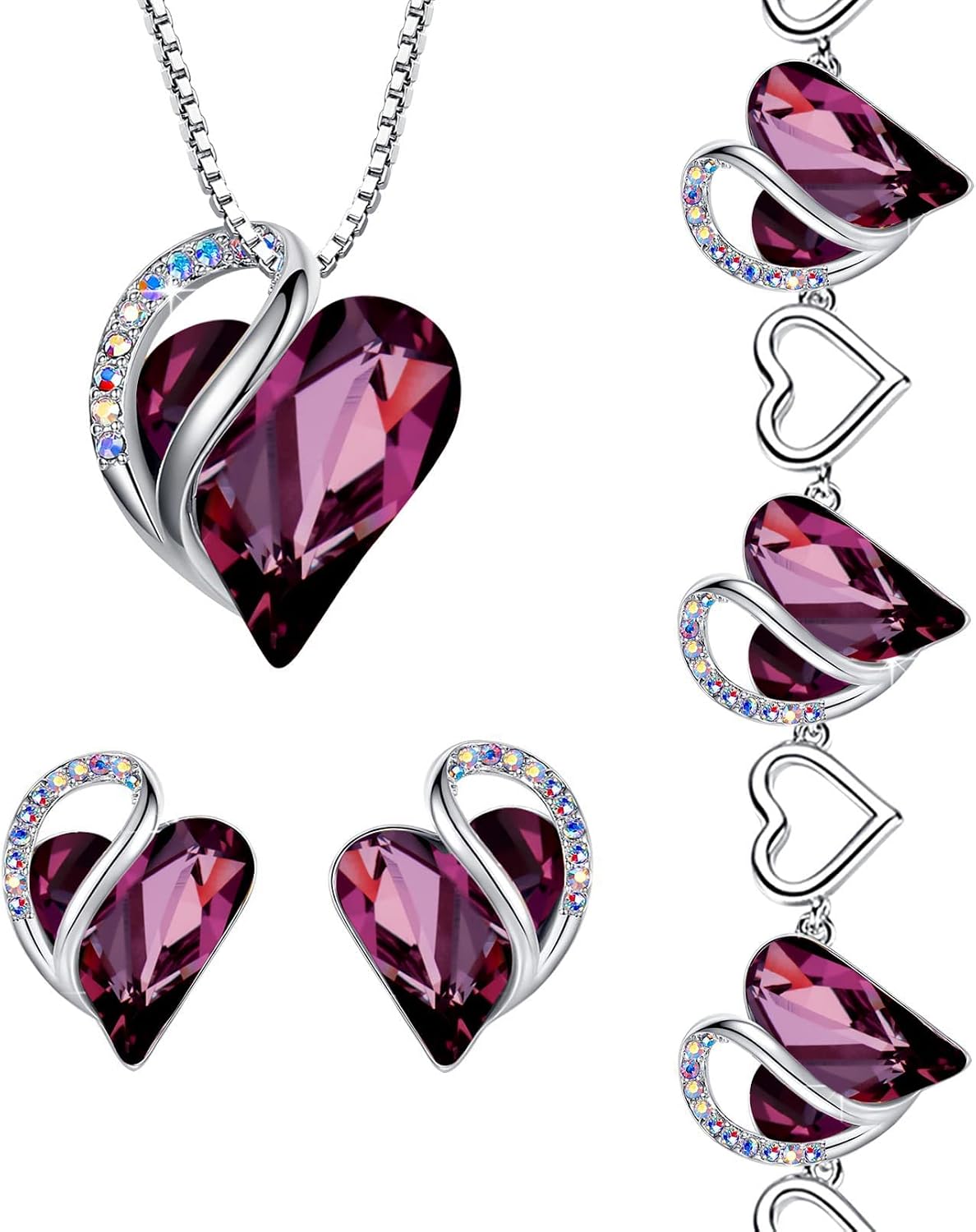Leafael Infinity Love Heart Necklace, Stud Earrings, and Bracelet for Women, February Birthstone Crystal Jewelry, Silver Tone Gifts for Women, Amethyst Pink