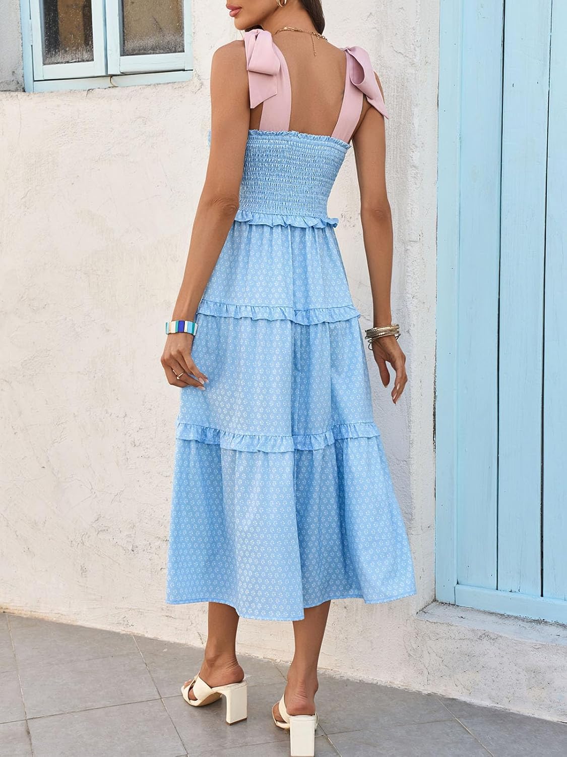 Wenrine Womens Summer Floral Maxi Dress Smocked Tie Shoulder Boho Sleeveless Ruffle Tiered Casual Beach Dresses - Image 3