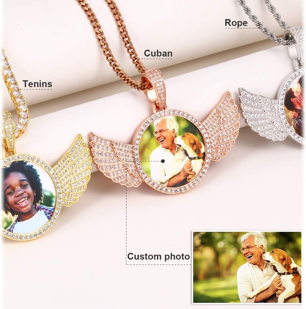 Angel Wings Necklace With Picture Inside Custom Picture Necklace Personalized Photo Pendant For Men Women 18K Gold Plated Customized Memorial Chains CZ Silver Diamond Rip Necklaces Birthday Gifts
