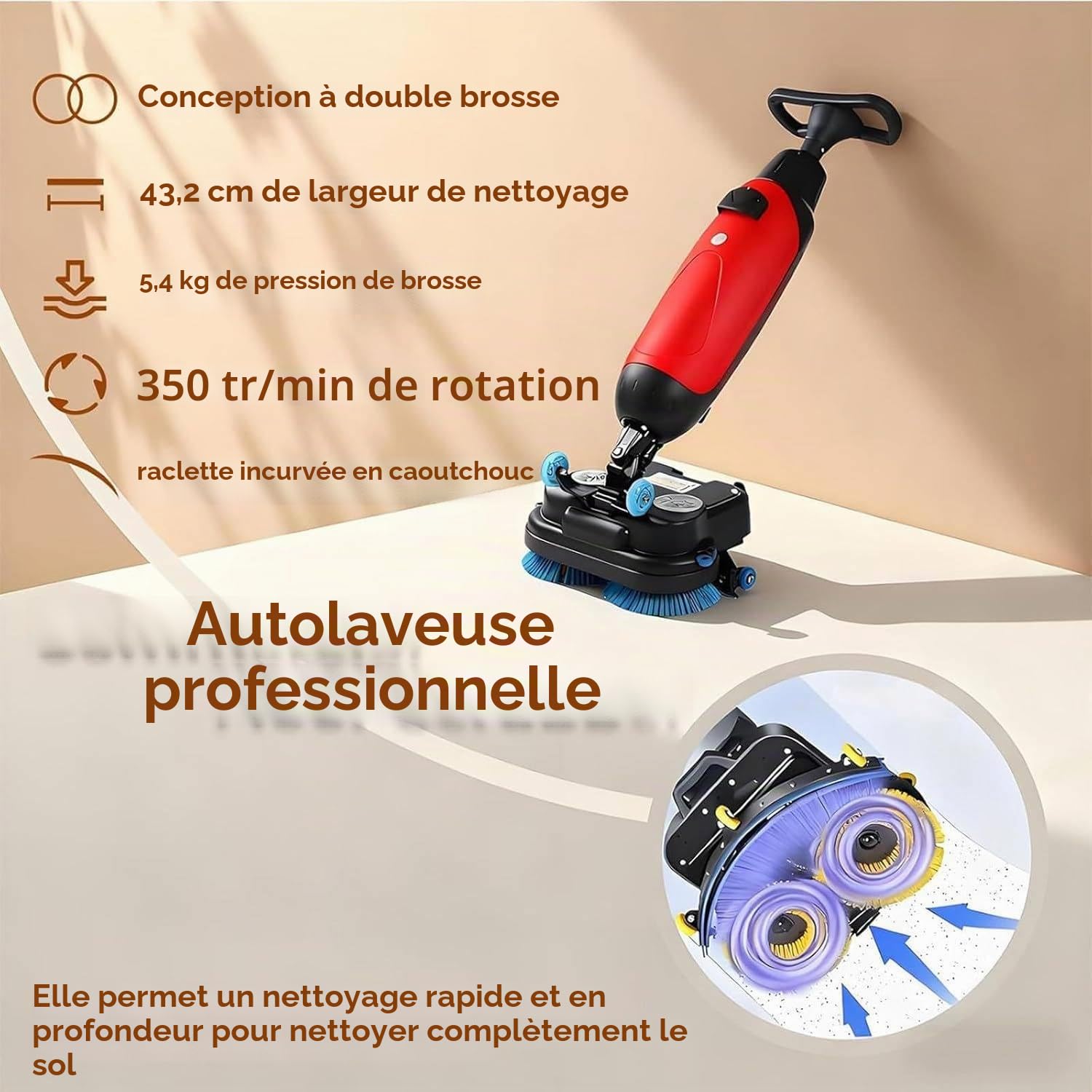 Laveuse Sol Professionnelle Portable, Autolaveuse Électrique Double Brosse, 43cm Largeur Nettoyage, 1200m²/h Capacité, 240 RPM, 360° Rotation pour Domicile Bureau Garages Red