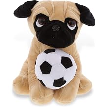 DolliBu Pug Dog Stuffed Animal with Soccer Ball Plush - Soft Plush Huggable, Adorable Playtime Pug Plush Toy, Cute Pet Life Gift for Kids and Adults - 10 Inch
