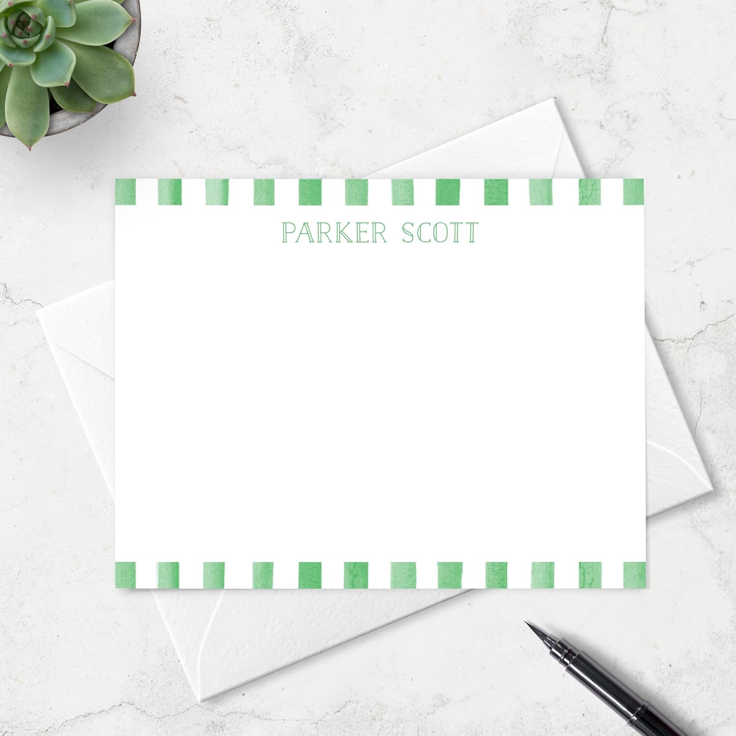 Personalized Stationery Note Card & Envelope Set for Children, Watercolor Stripe Border Design Personalized with Name in Cute Font, Thank You Card Stationery for Kids (Green)
