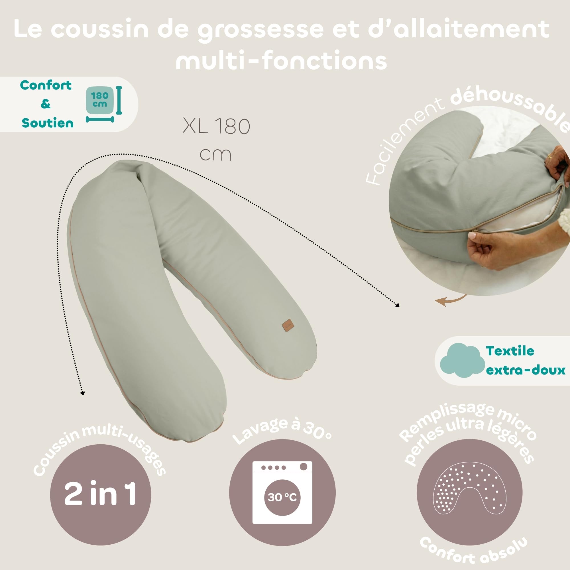 BEABA Coussin de Grossesse & Allaitement XXL 180 cm, Coussin Multifonctions Maternité, Soutien Corps Entier, Microbilles Silencieuses, Déhoussable & Lavable, OEKOTEX, French Terry, Pistache