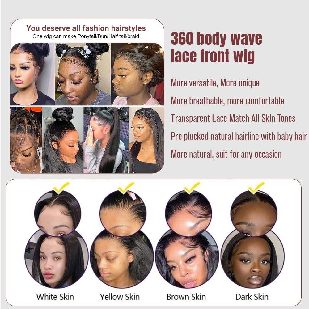 24Inch 360 Body Wave Lace Front Wigs Human Hair 150% Density Pre Plucked Natural Hairline with Baby Hair, Glueless 360 Full Lace Wigs Transparent Lace Front Wigs For Women Natural Color