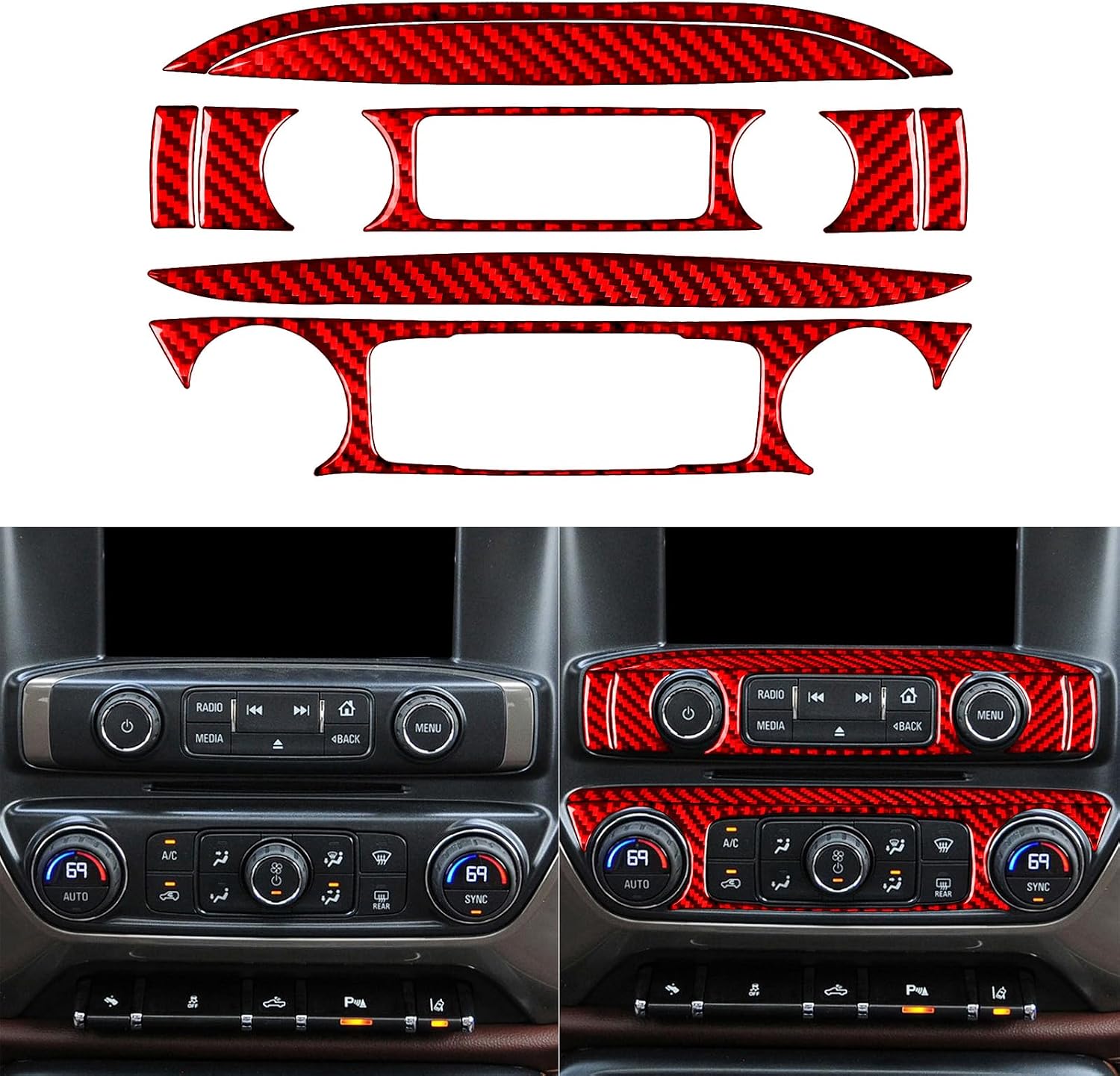Real Carbon Fiber Compatible with Chevrolet Silverado 1500/GMC Sierra 1500 2014-2018 Car Radio Knob Air Conditioning Console Frame Trim Kit Decals Sticker Decor Auto Interior Accessories Cover Red