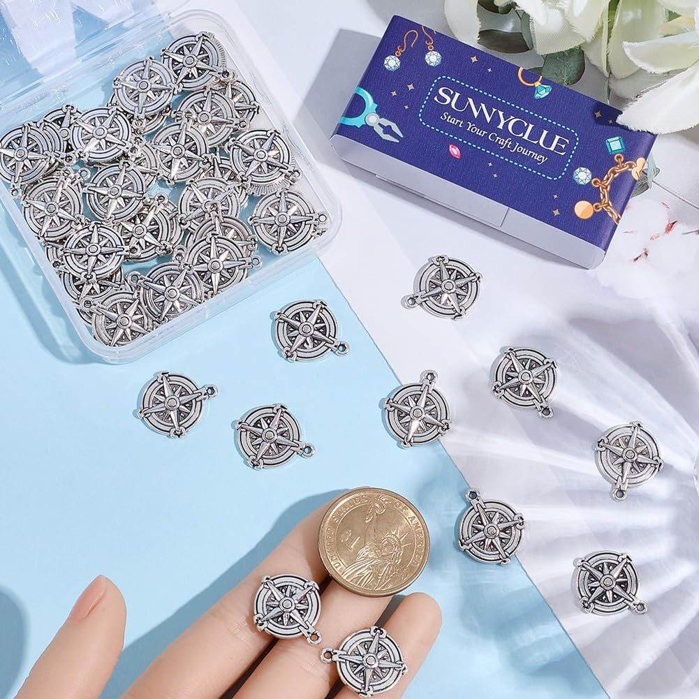 SUNNYCLUE 1 Box 50Pcs Silver Compass Charm Nautical Metal Charms Bulk Alloy Tibetan Style Antique Summer Hawaii Sea Ocean Anchor Pendants for Jewelry Making Necklace Earring DIY Craft Accessories - Image 3