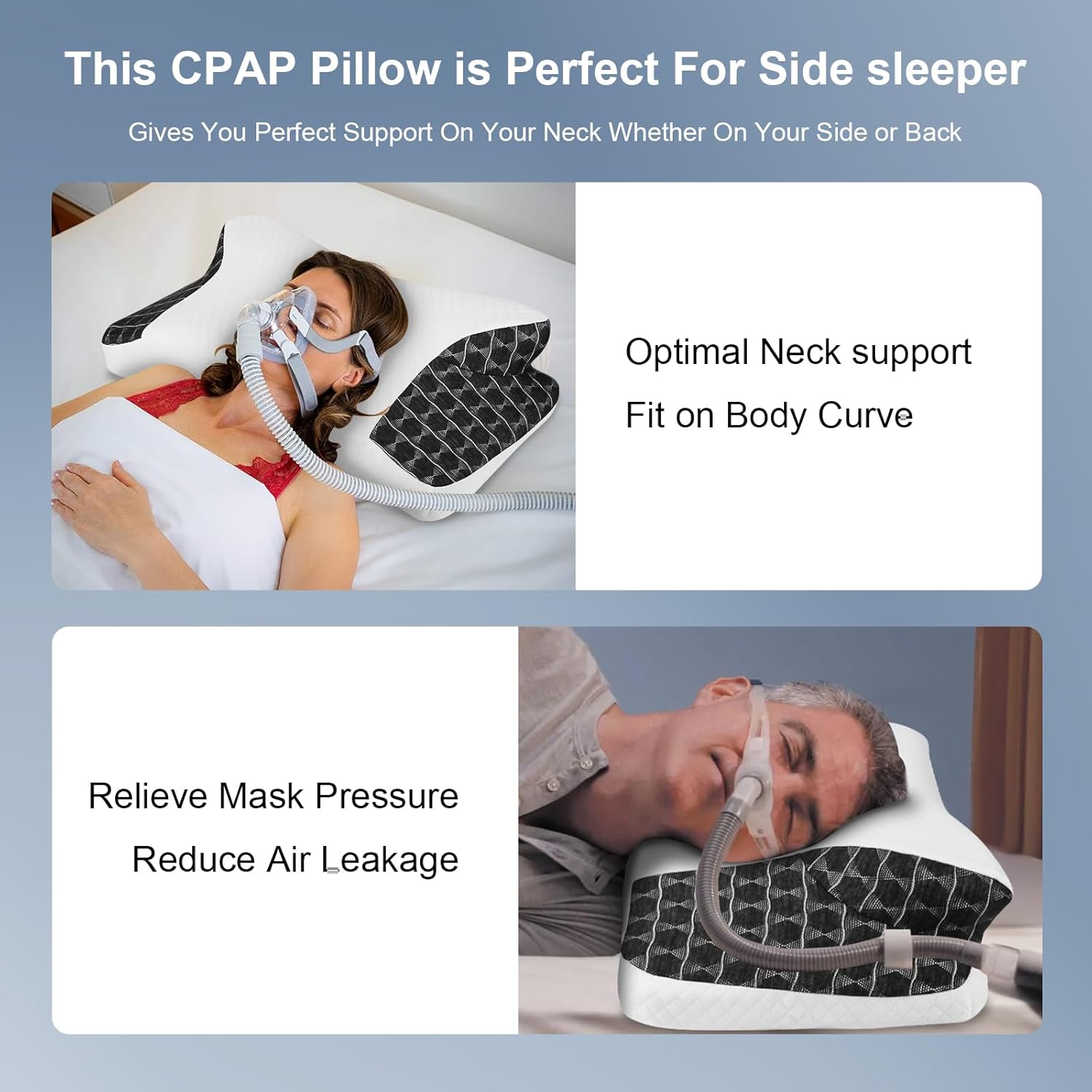 Cervical Neck CPAP Pillow for Side, Stomach, Back Sleepers to Neck Pain Relief - Ergonomic Adjustable Height Memory Foam Pillow for Neck Support - Include CPAP Hose Holder-Keep The Hose Off The Floor