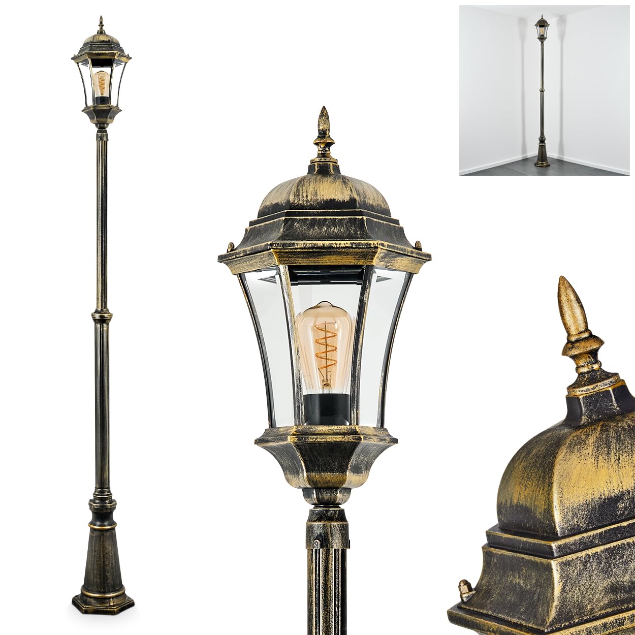 Etoe lampa drogowa zewnętrzna z metalu/szkła w kolorze czarno-złotym/przezroczystym, kandelabr o antycznym wyglądzie, wysokość maks. 230 cm, oświetlenie ogrodu w stylu dworkowym, IP44, 1 x E27, bez