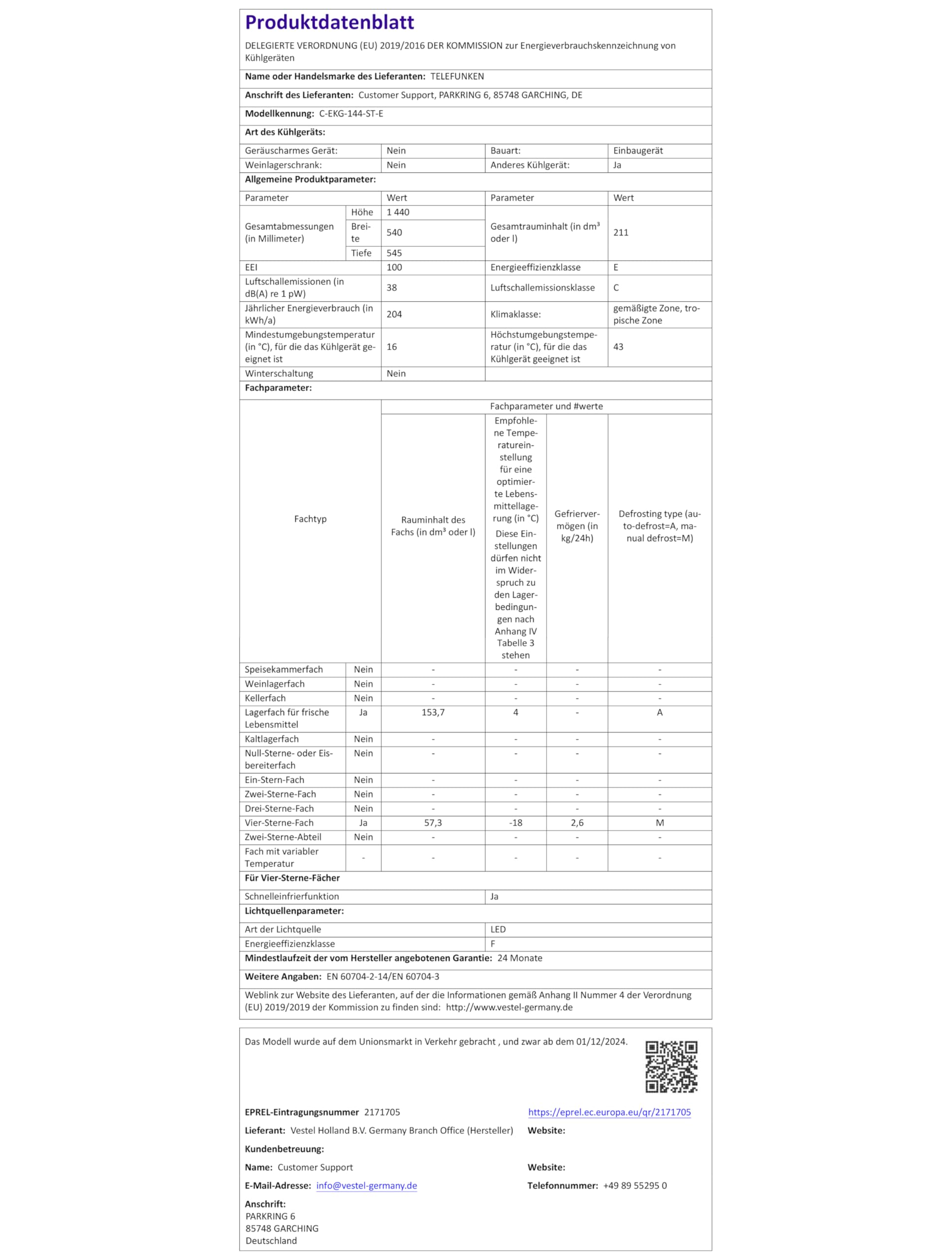 TELEFUNKEN Einbau-Kühl-Gefrierkombination 144cm 211 Liter Less Frost C-EKG-144-ST-E