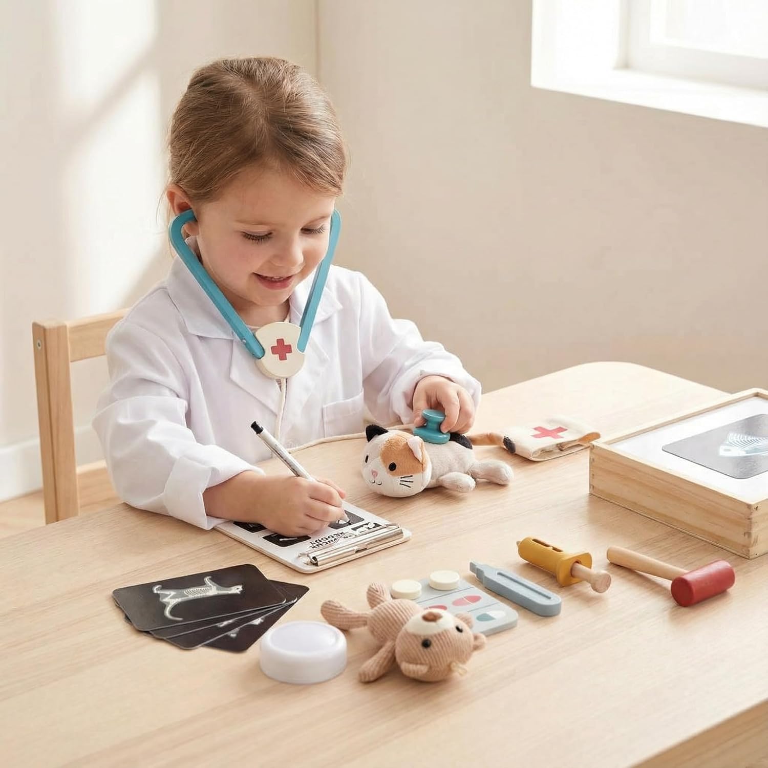 Doctor Kit for Toddlers 3-5, Pet Vet Pretend Play Toys for Kids, with X-Ray, Wooden Light Box, Medical Tools, STEM Educational Montessori Toys