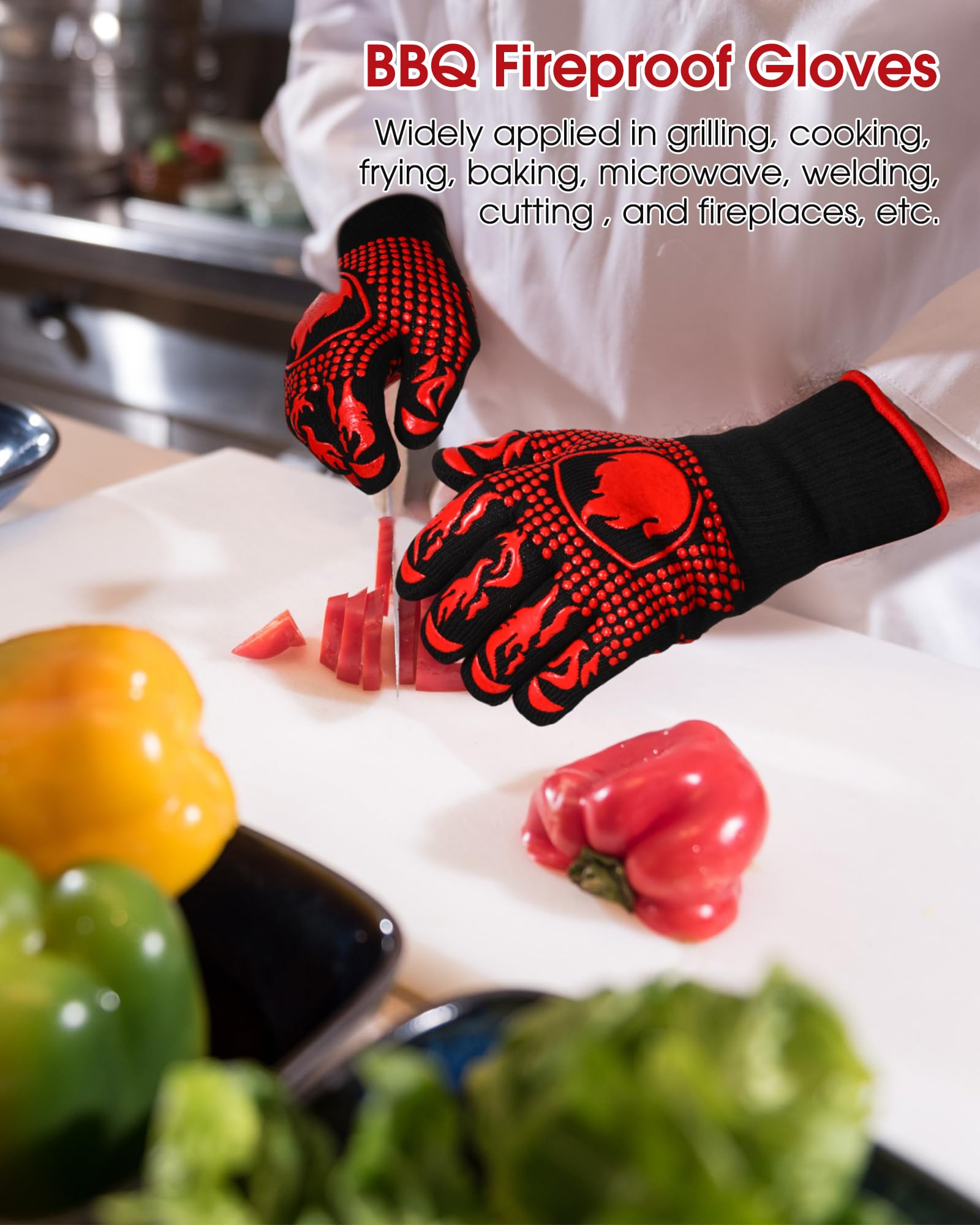 2 pares de guantes de barbacoa 1472 resistentes al calor, guantes de parrilla ignífugos, guantes de horno de silicona antideslizantes para asar, cocinar, hornear, freír