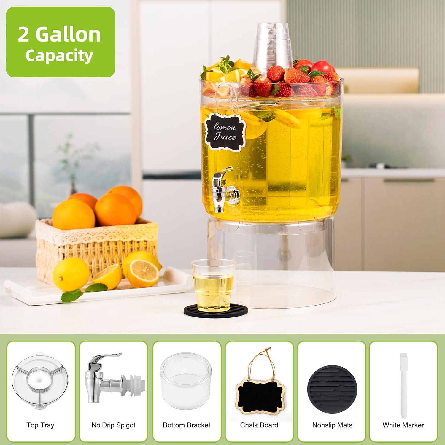 2 Gallon Drink Dispenser for Parties with Multi-Function Lid | BPA-Free Plastic Beverage Dispenser with Stand, No-Drip Spigot & Countertop for Punch, Lemonade, Iced Tea, Summer Parties