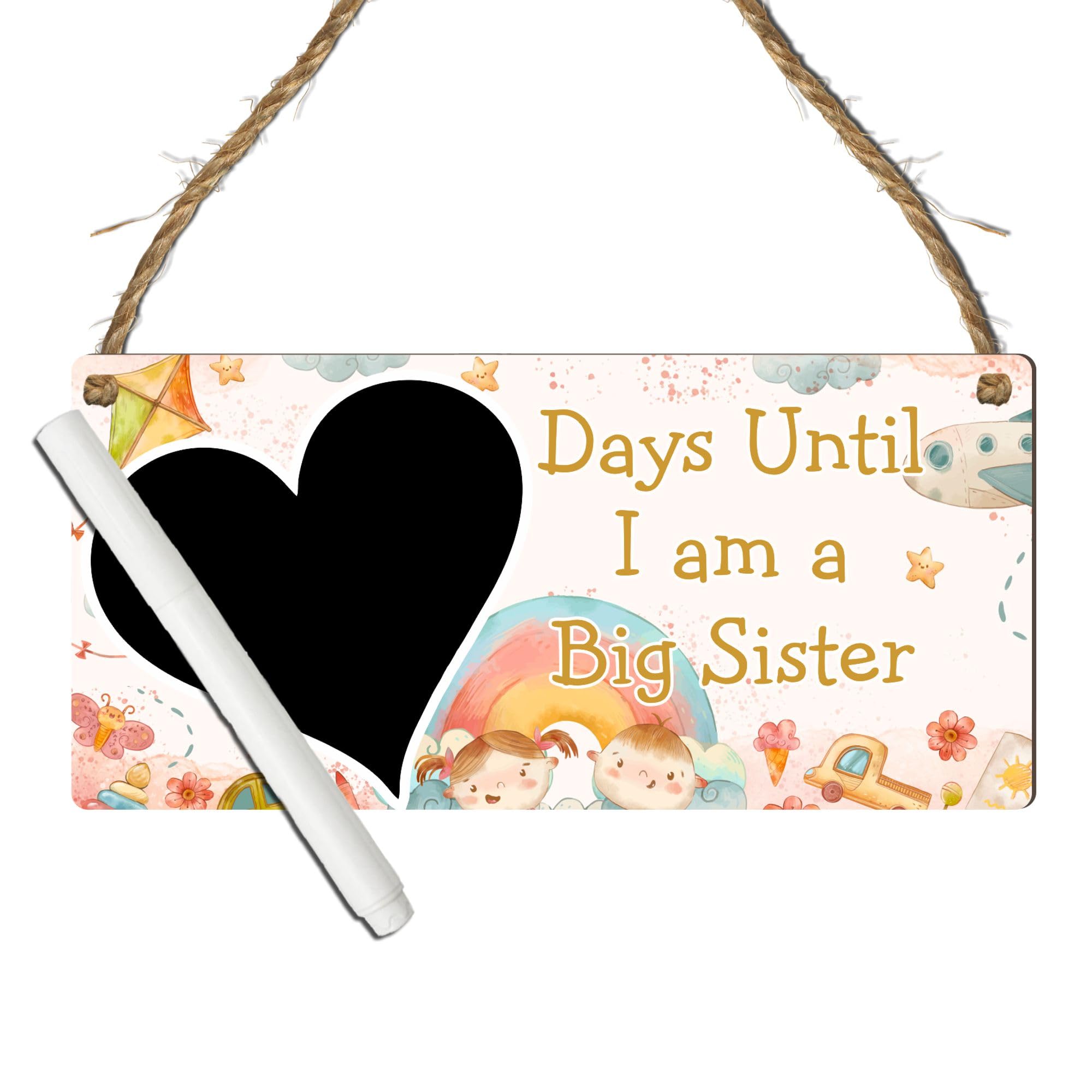 Countdown Plaque - Days Until I Am a Big Sister - Personalised Chalkboard for Expecting Siblings - Baby Arrival Gift for Nursery Room (Rainbow, with Pen, Large: 29 cm (H) × 13.5 cm (W))