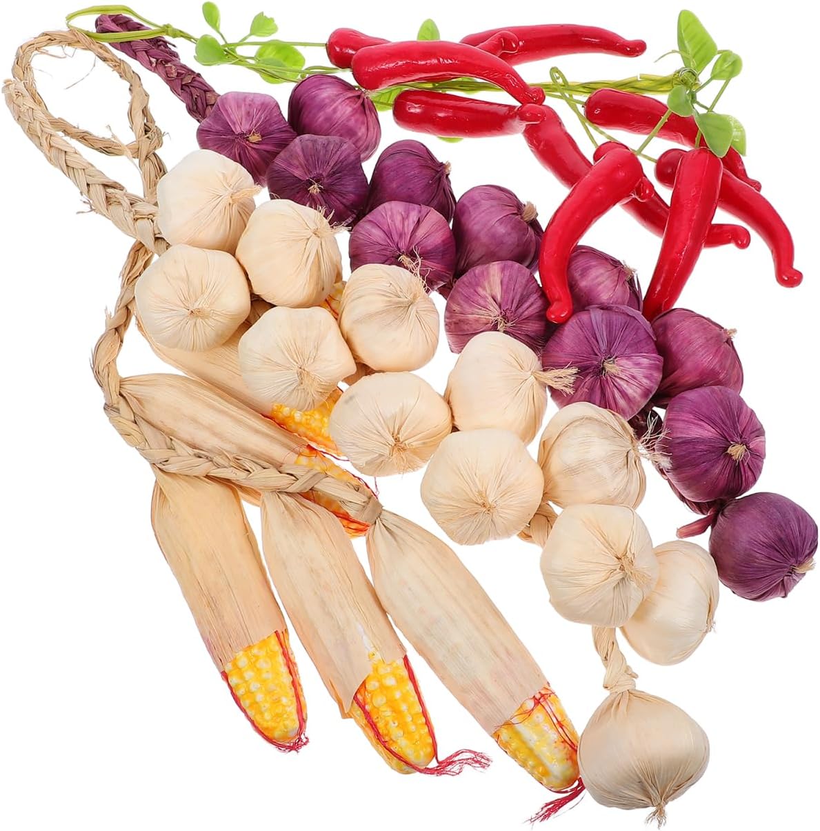 DOITOOL 4PCS Artificial Vegetables for Decoration Lifelike, Hanging Artificial Garlic Strings, Artificial Corn String with Artificial Peppers Simulation Vegetables for Decoration Photography Props