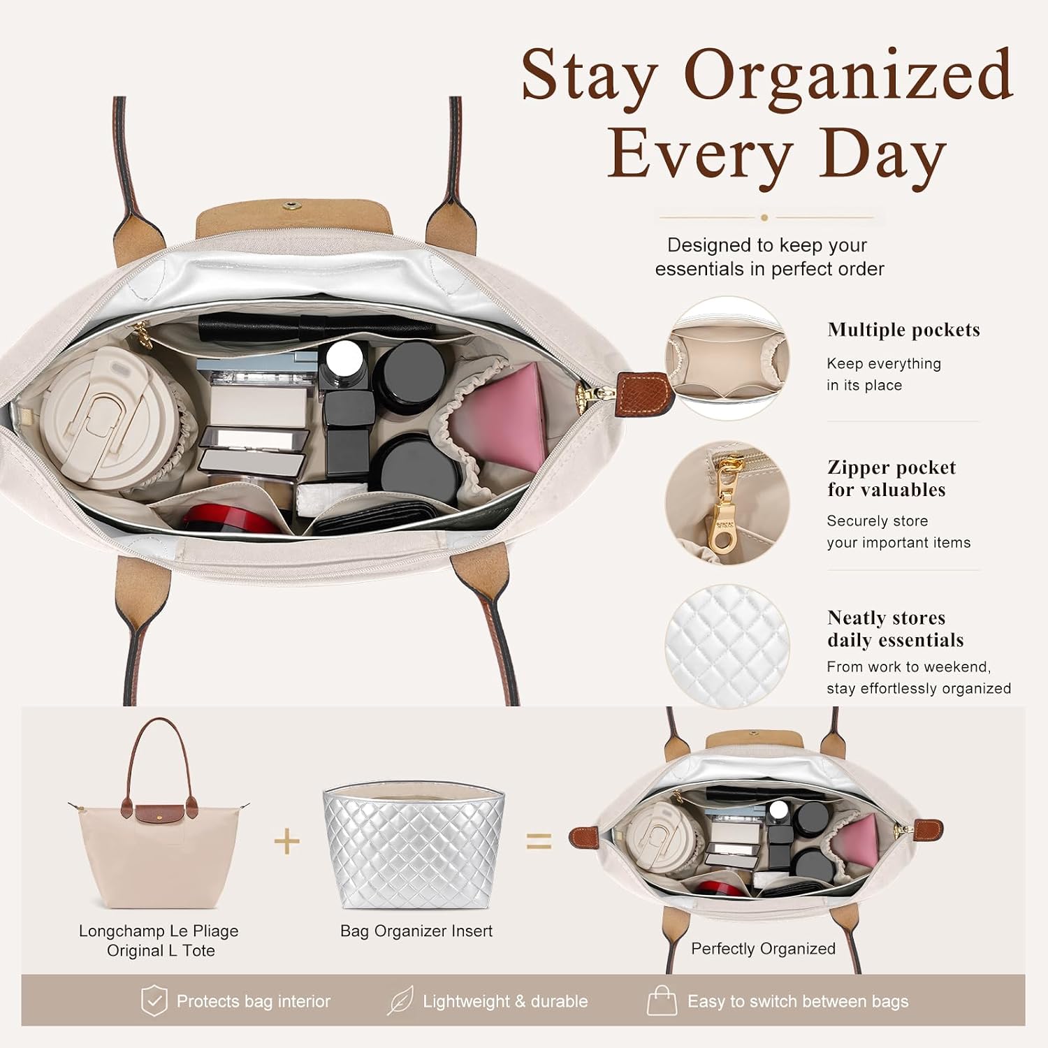 LOUKAYCCI Quilted Purse Organizer Insert for Longchamp Le Pliage L Handbag Waterproof Insert (Large, Beige