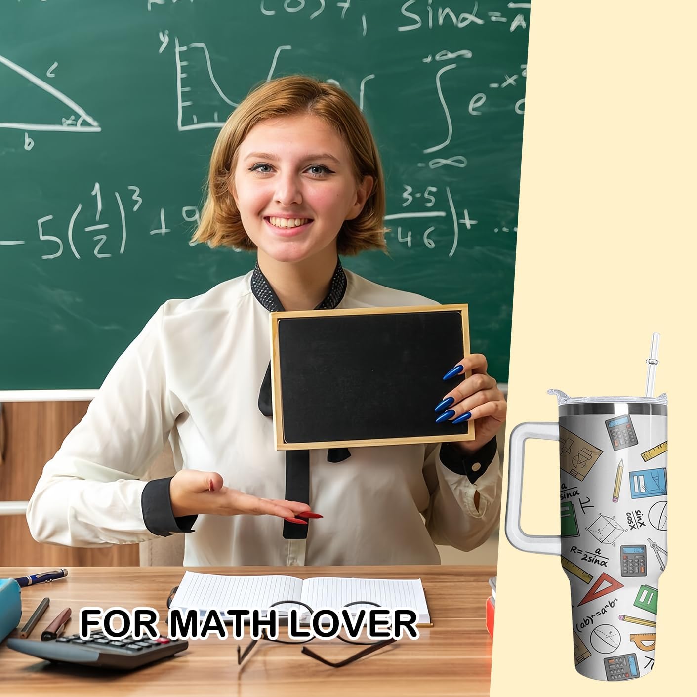 40oz Math Teacher Gifts Tumbler with Handle and Straw, Mathematics Stainless Steel Insulated Cup with Lid, Travel Coffee Mug Water Bottle, Birthday Gifts for Women Men