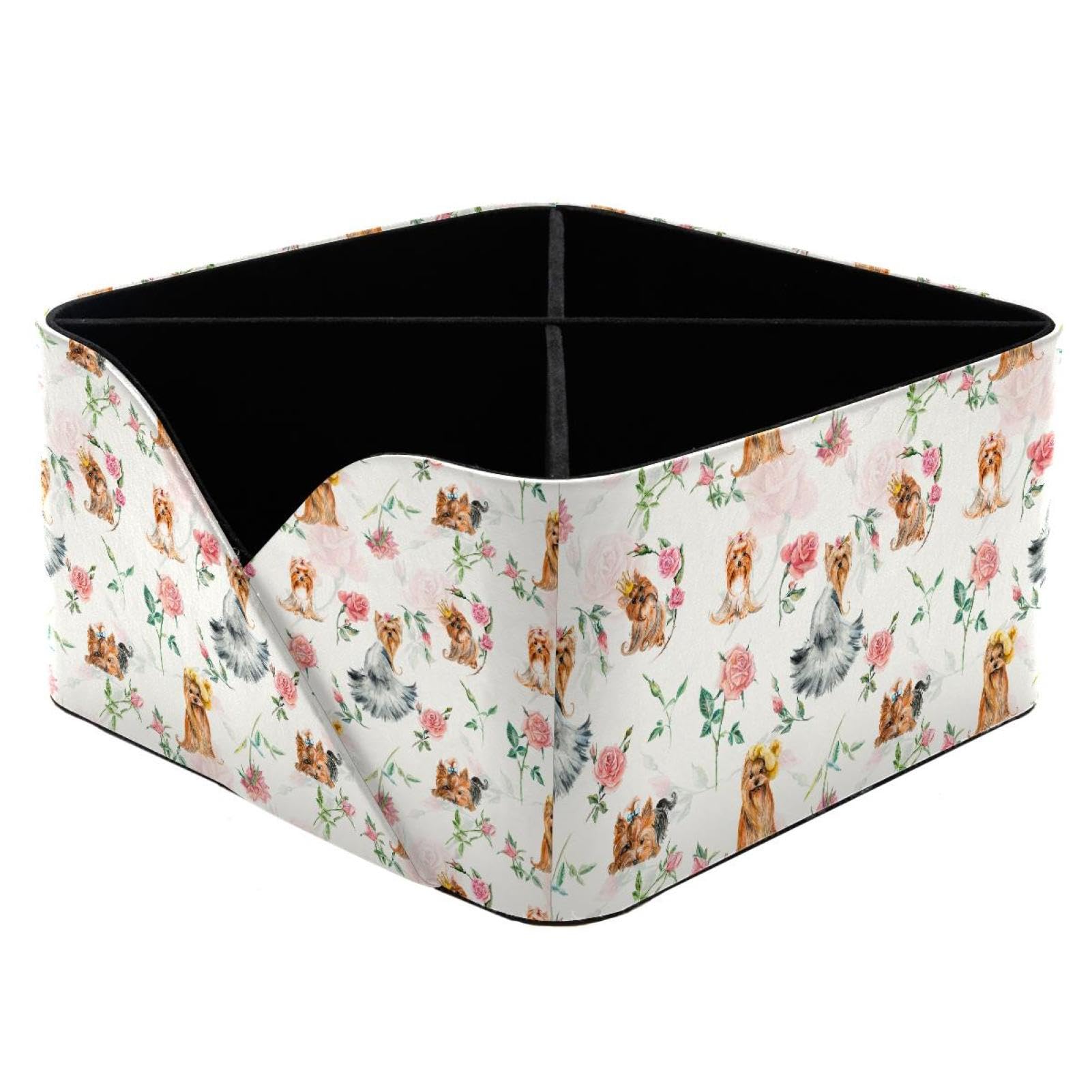 KengjuTesu Yorkshire Terriers Dogs with Rose Watercolor Pattern Desktop Organizer Pen Holder, Rectangular Pencil Cup for Office, Study and Makeup Stations