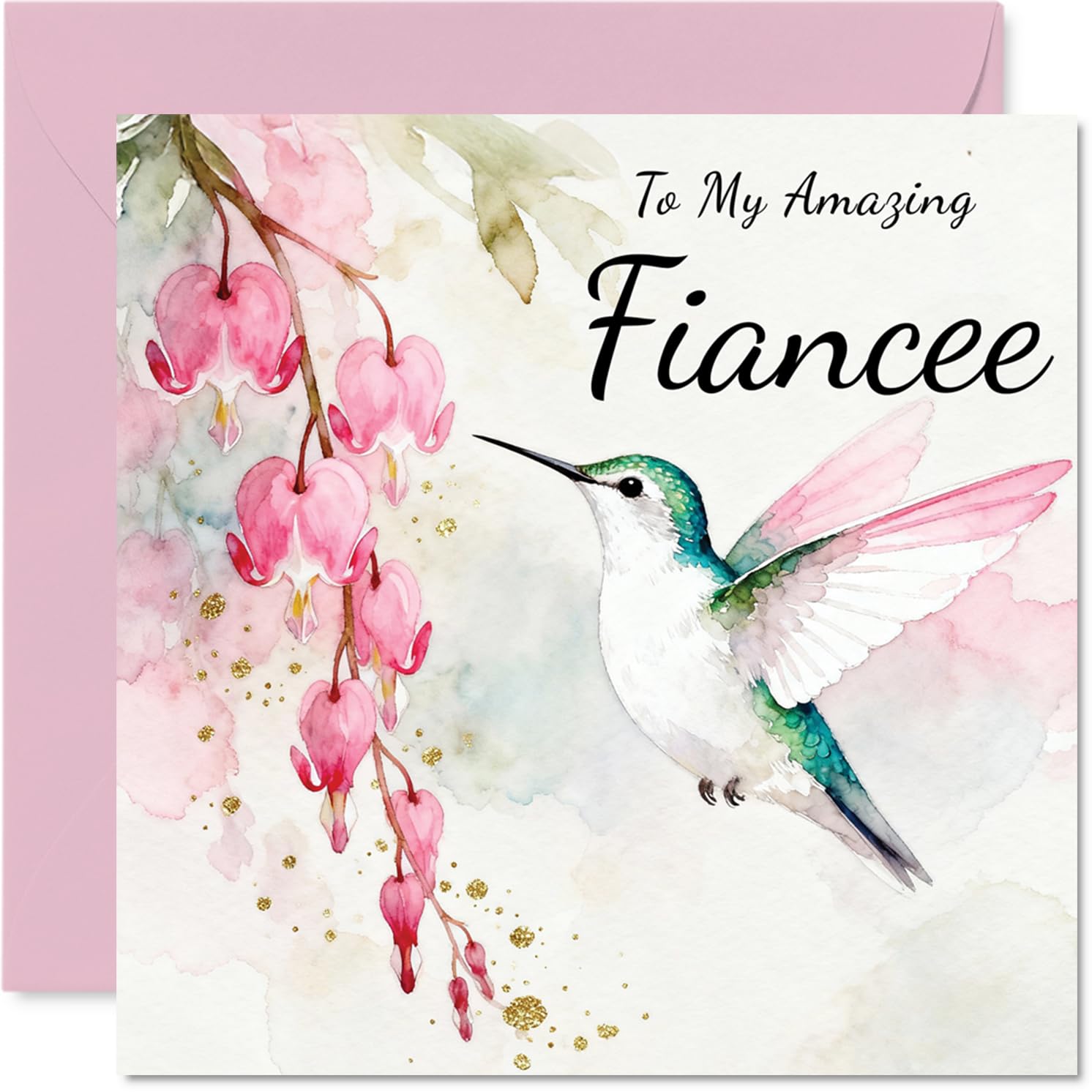 Fiancee Birthday Card - Hummingbird Wishes - Happy Birthday Card for Fiancee from Fiance Partner, 145mm Pink Floral Illustration Bday Greeting Cards