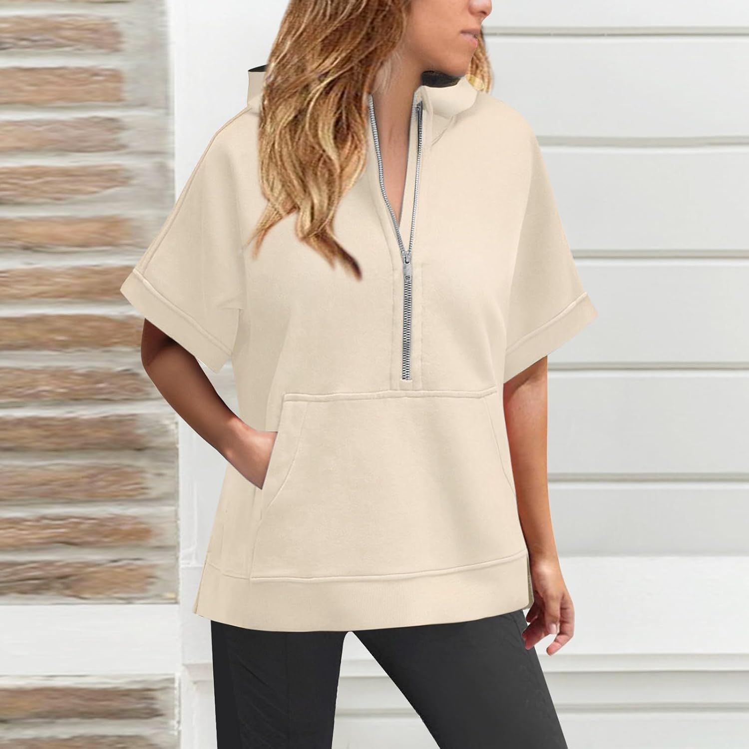 Short Sleeve Hoodies for Women Oversized Half Zip Hoodies Casual Loose Solid Sweatshirts Pullover Tops with Pockets - Image 3