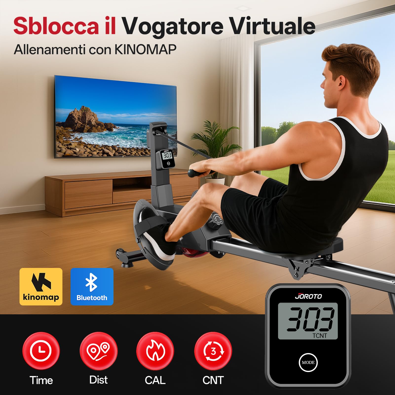 JOROTO Vogatore Domestico, 16 Livelli Resistenza - Rower Magnetico Ultra Silenzioso con App Kinomap, Doppia Guida per Stabilità, Compatto e Facile da Montare, Attrezzo Fitness per la Casa