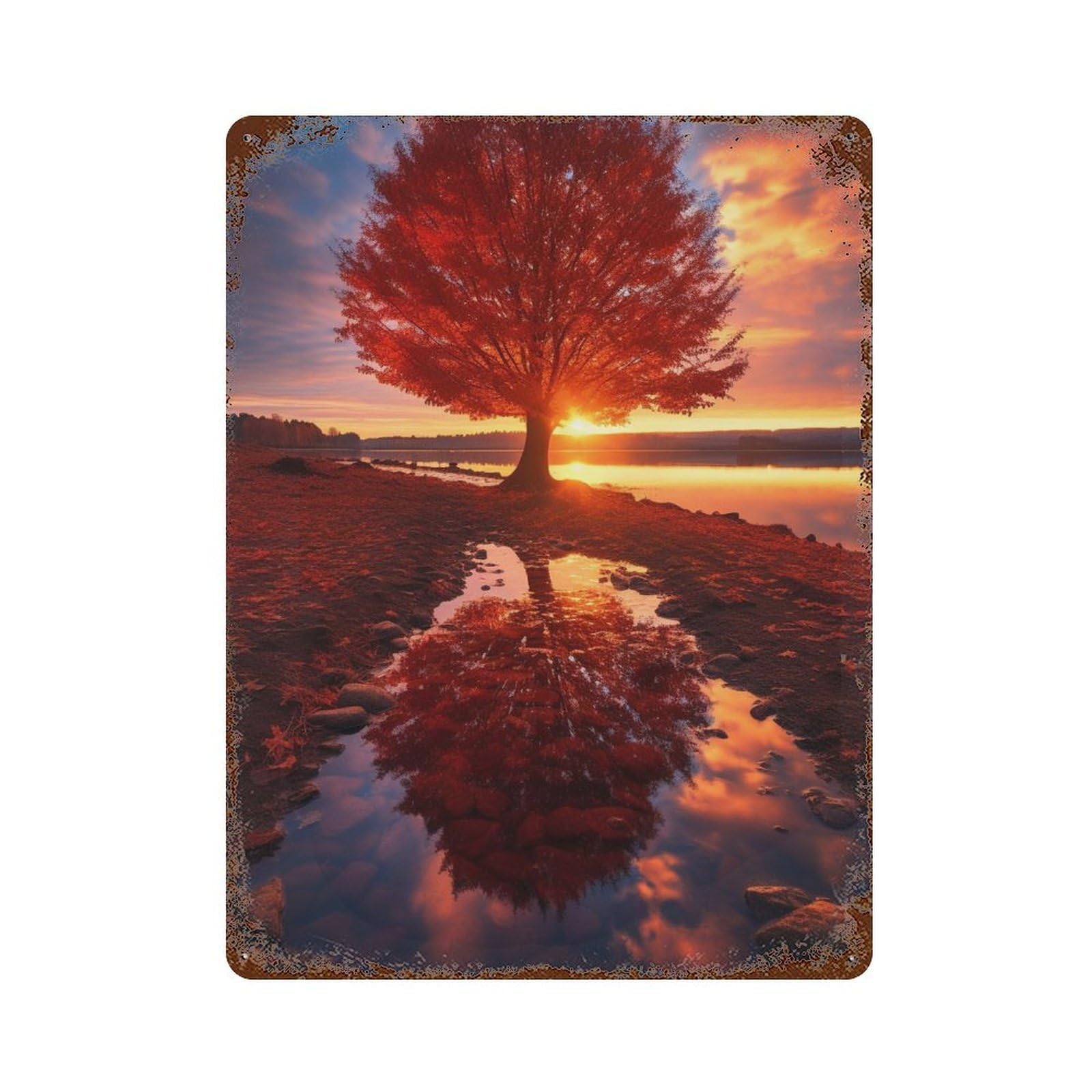 Autumn Sunset Reflections Vintage Rust Metal Sign 15.7"x11.8", Ideal for Bistro, Counter And Cafe Decor