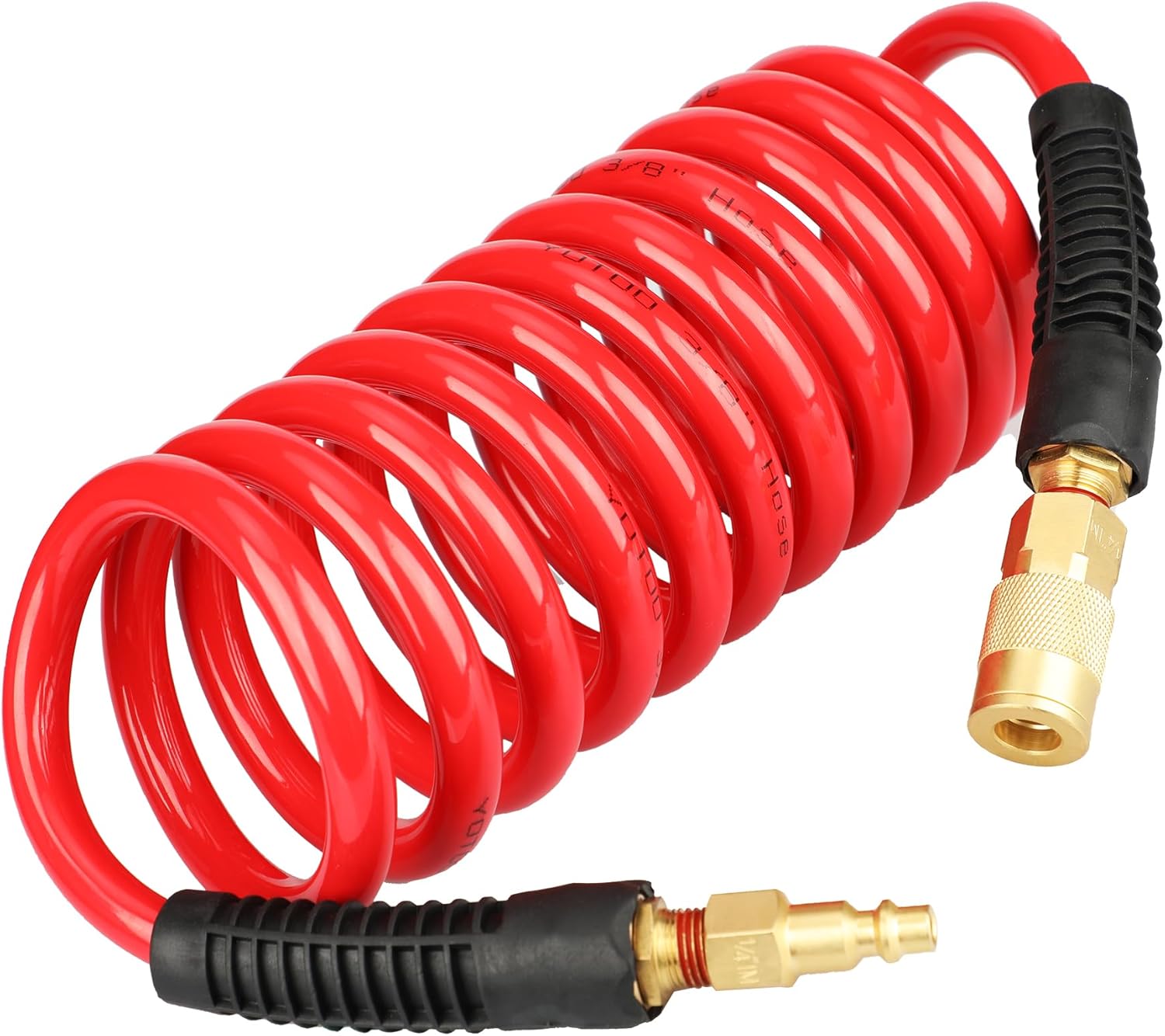 YOTOO Polyurethane Recoil Air Hose 3/8" Inner Diameter by 10' Long with Bend Restrictor, Repairable 1/4" Industrial Quick Coupler and Plug, Red