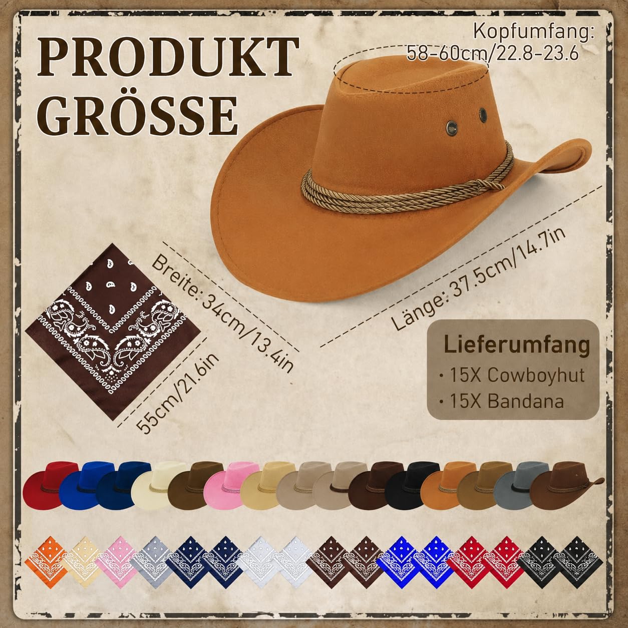 Set di 15 cappelli da cowboy, cappello da cowboy occidentale con 15 bandana per adulti, cappelli da cowboy, cappello da cowboy, costume da cowboy, cappello da festa, costume da cowboy, costume