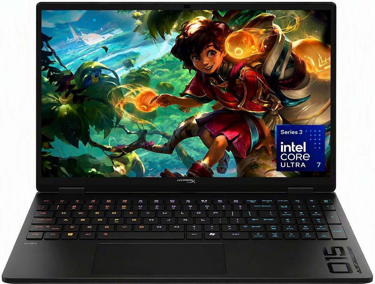 HP HyperX OMEN 15 inch Gaming Laptop, 2K 165Hz Display, Intel Core Ultra 7 365H, 16 GB RAM, 1 TB SSD, NVIDIA GeForce RTX 5050 GPU (8 GB Dedicated), Windows 11 Home, Shadow Black, 15-ga0099nr