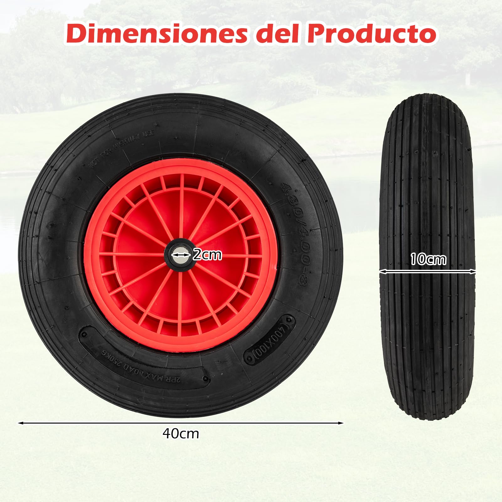 COSTWAY Rueda de Carretilla, 4,80/4,00-8 Neumático de Goma de 40 cm con Rodamiento de 2 cm y Cubo Centrado de 8,8 cm, Rueda Maciza Carretilla para Remolques de Jardín Carro Utilitario (2)