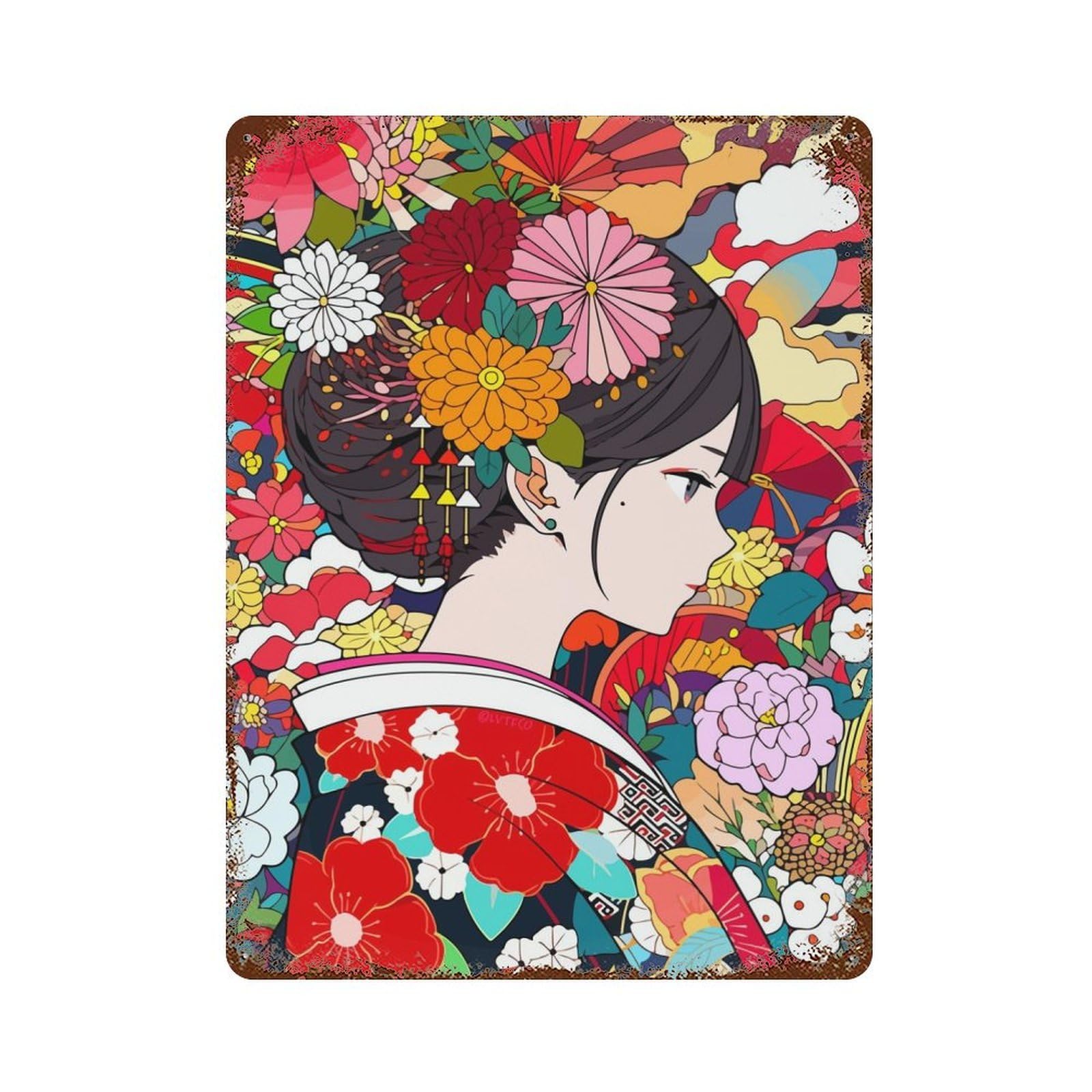 Garage Style Japan Girl Flowers Manga Rusty Metal Tin Sign 15.7"x11.8", Farmhouse Wall Decor for Bar And Workshop