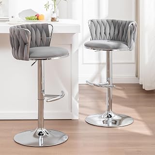 Cinxzar Velvet Bar Stools Set of 2, Swivel Counter Height Bar Stools with Back, Adjustable Woven Barstools for Kitchen Island, Pub, Club (Grey)