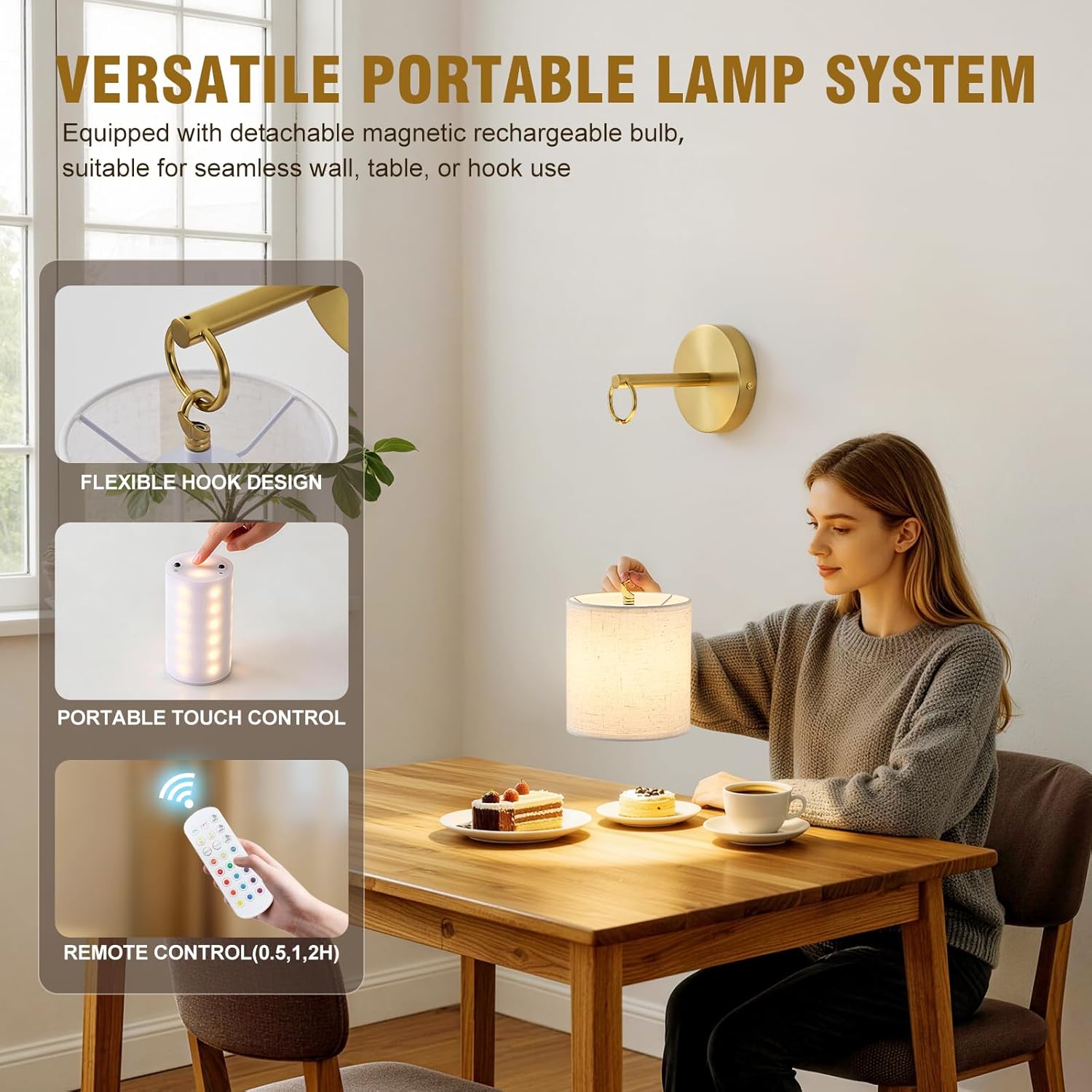 Detachable Wall Sconces Battery Operated With Hanging Hook,10000mah Battery Operated Wireless Wall Sconces Set of Two,12 RGB Gold Sconce With Remote,Renter Friendly Wall Lamps for Living Room,Bedroom thumbnail