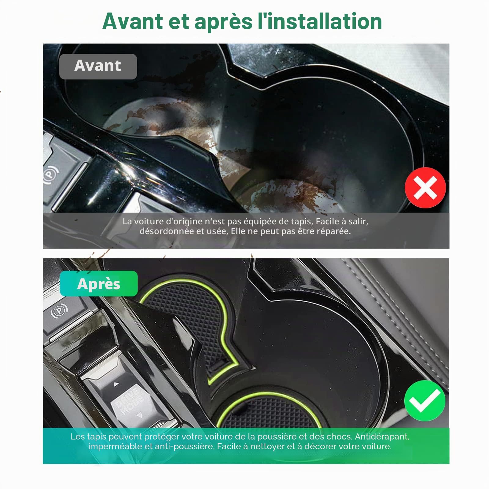 GAFAT Peugeot 208 e-208/ Peugeot 2008 e-2008 2020-2024 2025 Tapis Antidérapants, Peugeot 2008 2023 Restyling Console Centrale Accoudoir en Caoutchouc, Porte-Gobelets, Couture de Porte (Jaune-Vert 1)