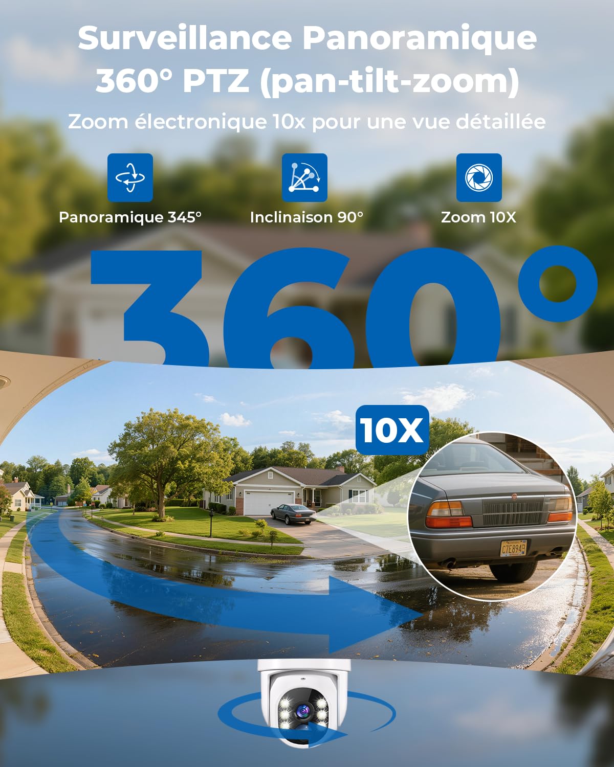 WESECUU Camera Surveillance WiFi Exterieure sans Fil Solaire 2.5K 4MP avec Panneau Solaire 5W, 360° PTZ, IP66